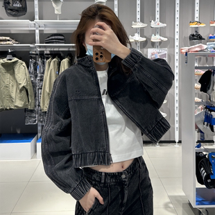 阿迪达斯三叶草女子外套高腰短款 牛仔休闲翻领运动夹克IW5759 经典