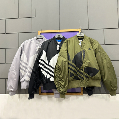 阿迪达斯外套男女三叶草大LOGO宽松运动休闲立领薄棉服夹克JL8381