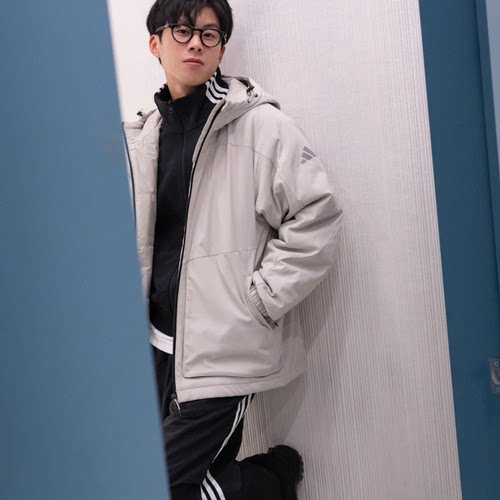 ADIDAS阿迪达斯男子梭织夹克连帽外套拒水防泼保暖棉服棉衣JY4195