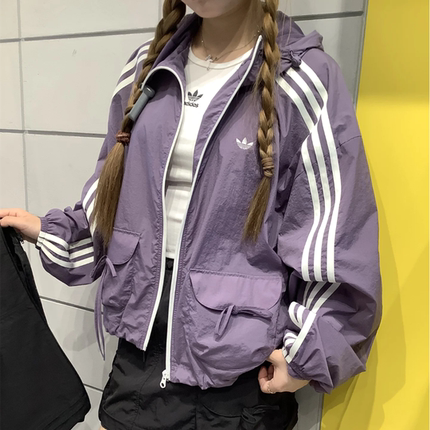 阿迪达斯三叶草女装子夏季款大口袋蝴蝶结休闲运动外套 KB8965