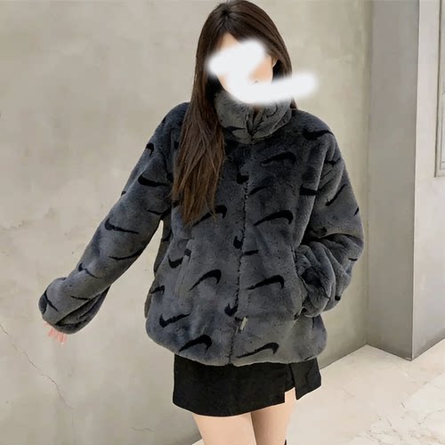 NIKE耐克满印立领拉链保暖人造皮草貂绒女款棉服外套 DQ6843
