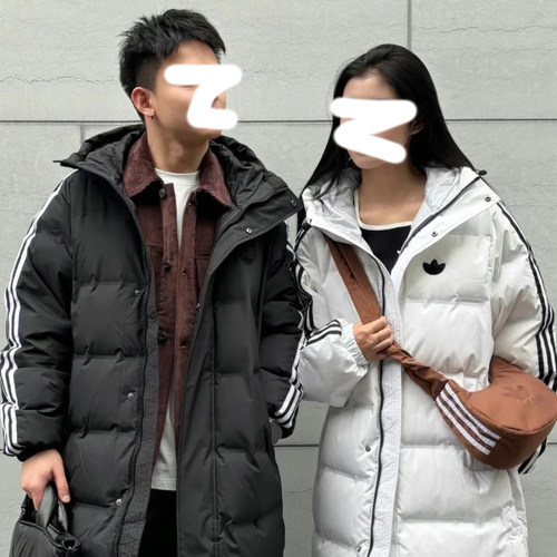 阿迪达斯三叶草24冬季男女情侣保暖长款过膝三条杠羽绒服 JD3749