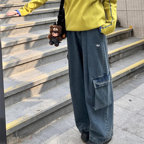 阿迪达斯三叶草大口袋宽松阔腿牛仔工装裤休闲运动牛仔长裤KC5813