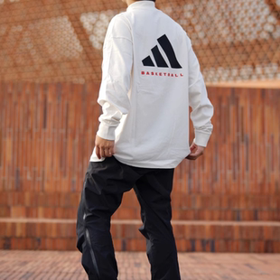 阿迪达斯男女上衣半高领大LOGO篮球运动宽松长袖 T恤JE3766 套头衫