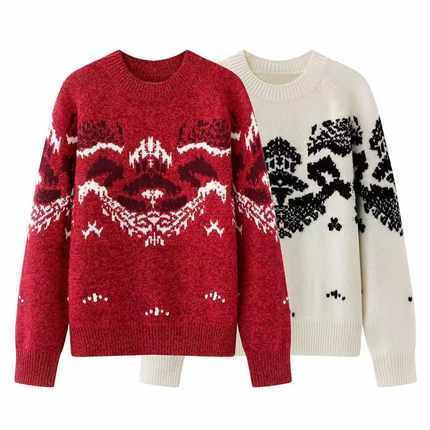 现货E家2025冬季新款宽松复古费尔岛毛衫套头圆领毛衣 EBE4SWT041