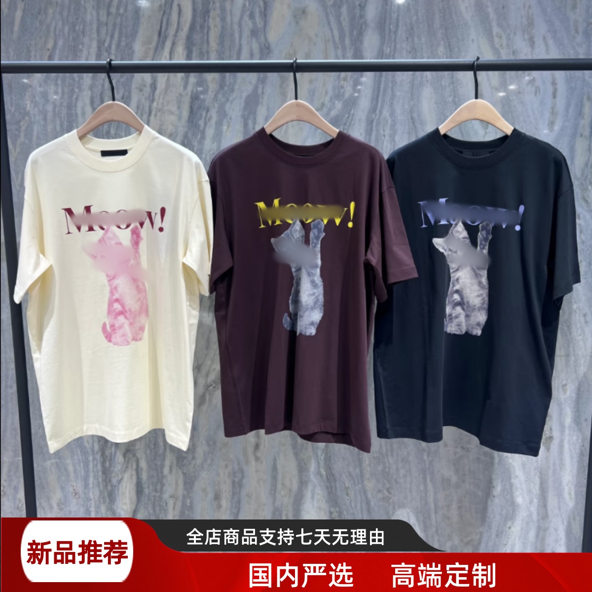 现货M家2025夏季新款宽松百搭猫咪字母印花休闲短袖T恤MBE2TEE040