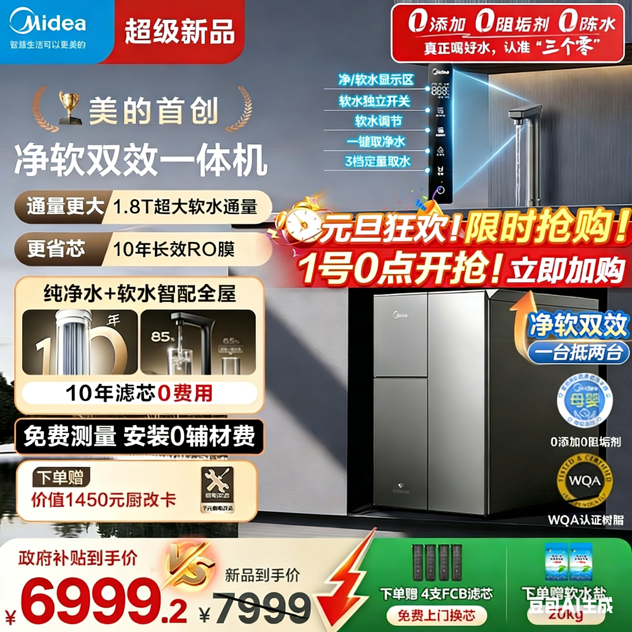 美的软水机银河软净一体净水器全屋家用厨下式直饮星河净饮机