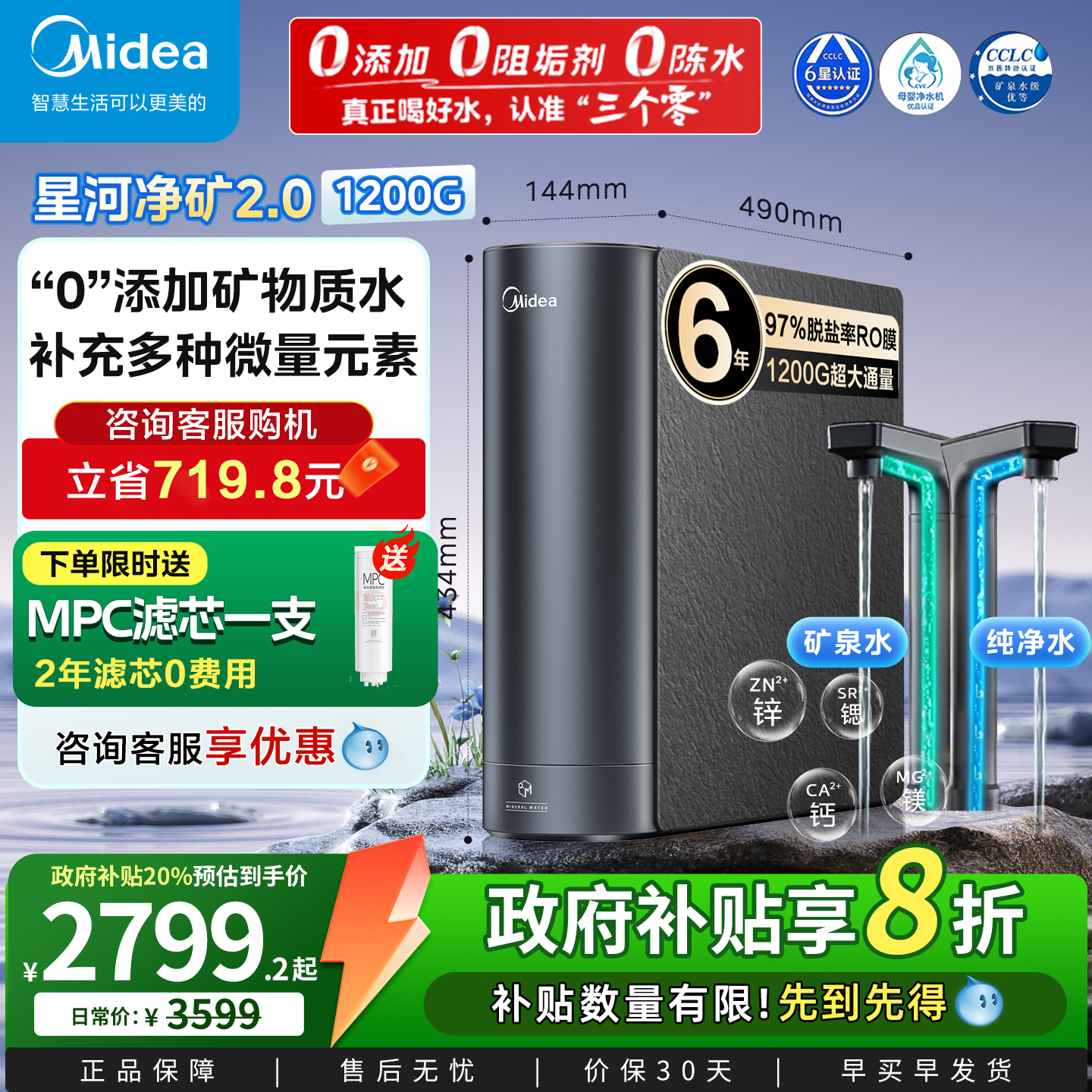 美的星河2.0净水器1200G家用净矿反渗透RO膜鲜矿水管线套装直饮机