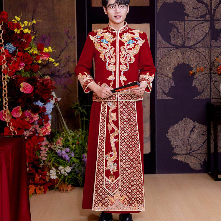 男士秀禾服新郎2024新款中式结婚服接亲敬酒服大码丝绒龙凤褂唐装