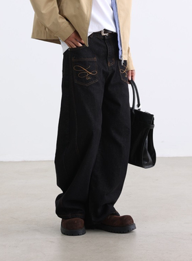 Bclz刺绣丹宁原色阔腿弯刀牛仔裤美式反穿小众高级感男女弯刀裤