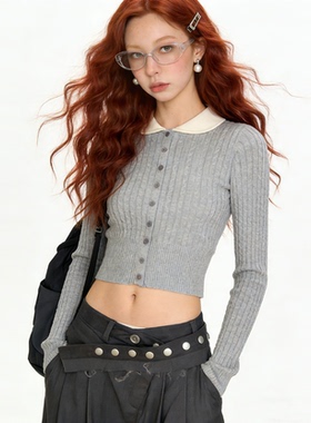 Bclz彼得潘领短款麻花坑条修身单排扣针织衫26春夏新品女毛衣