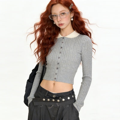 Bclz彼得潘领撞色短款针织衫女