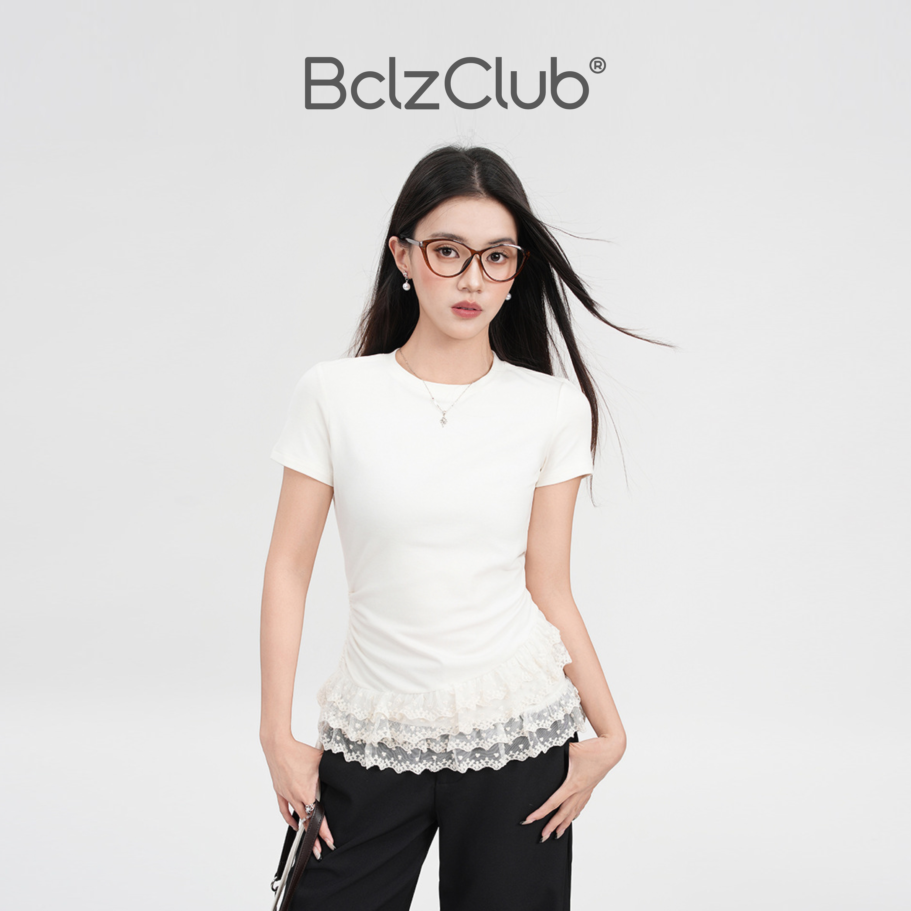 Bclz蕾丝花边圆领短袖T恤女2025夏季新款褶皱收腰绝美内搭小上衣