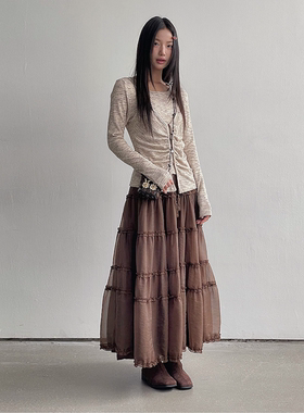 Bclz复古流苏蛋糕裙网纱半身裙百搭荷叶边小个子宽松仙女裙法式