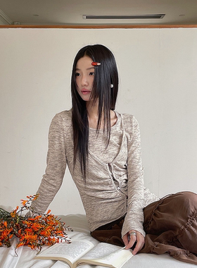 Bclz纯色长袖女内搭打底衫修身弹力2025新款假两件拼接串珠圆领