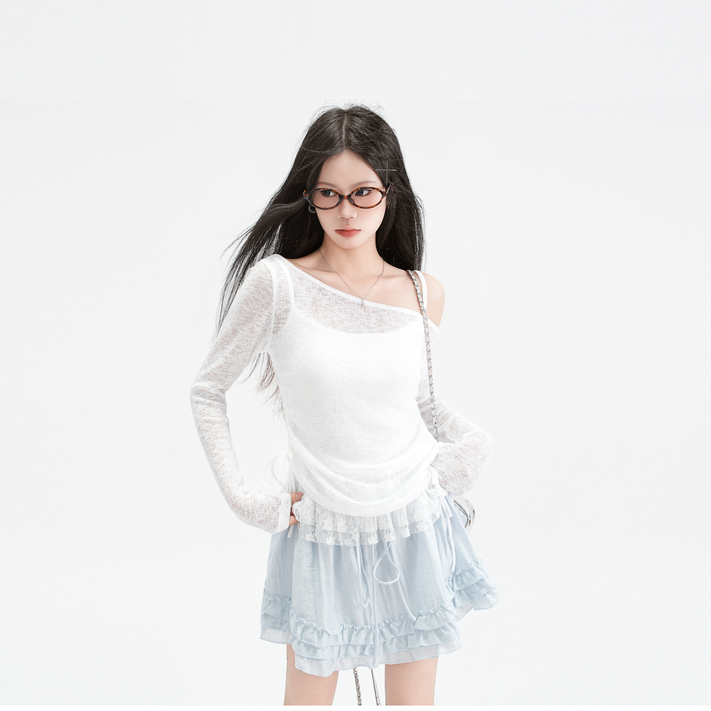 Bclz两件套薄款微透长袖针织防晒罩衫女夏季装蕾丝吊带背心上衣