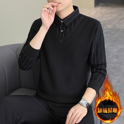 男款假两件上衣2025年新款秋冬季加绒毛衣衬衫马甲一体针织1126e