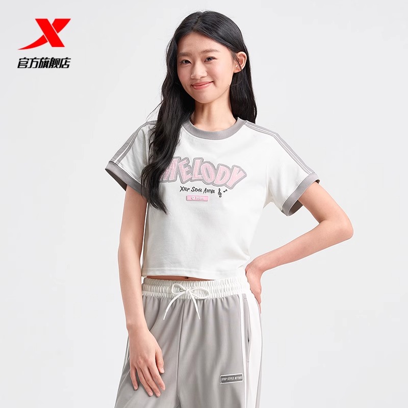 特步运动T恤女2025夏季新款休闲时尚宽松短款女短袖975228010091