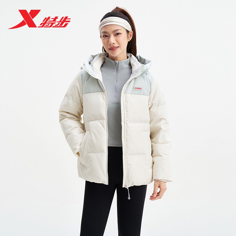 特步三防保暖羽绒服女2025冬款