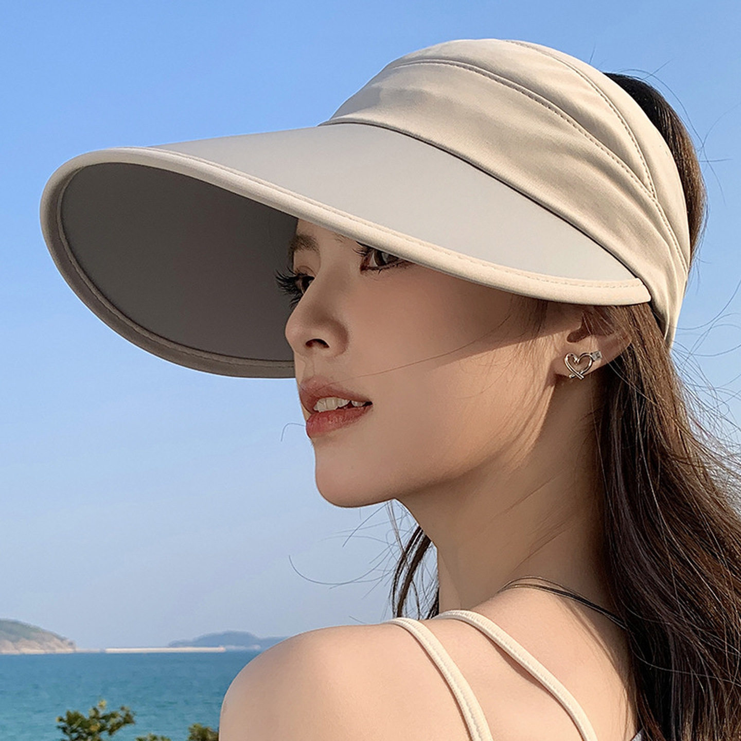 骑行高马尾半空顶防晒帽女夏季加大帽檐遮阳帽凉感冰丝户外太阳帽
