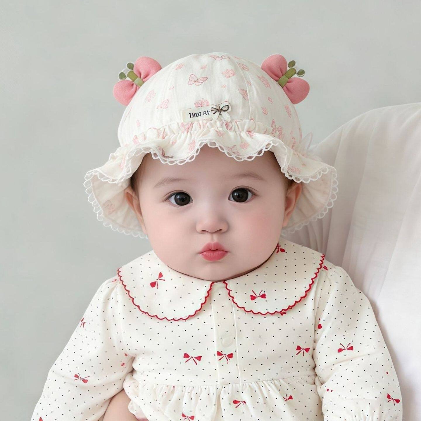 婴儿帽子春秋薄款遮阳防晒松紧渔夫帽女宝宝甜美蝴蝶结小月龄防风
