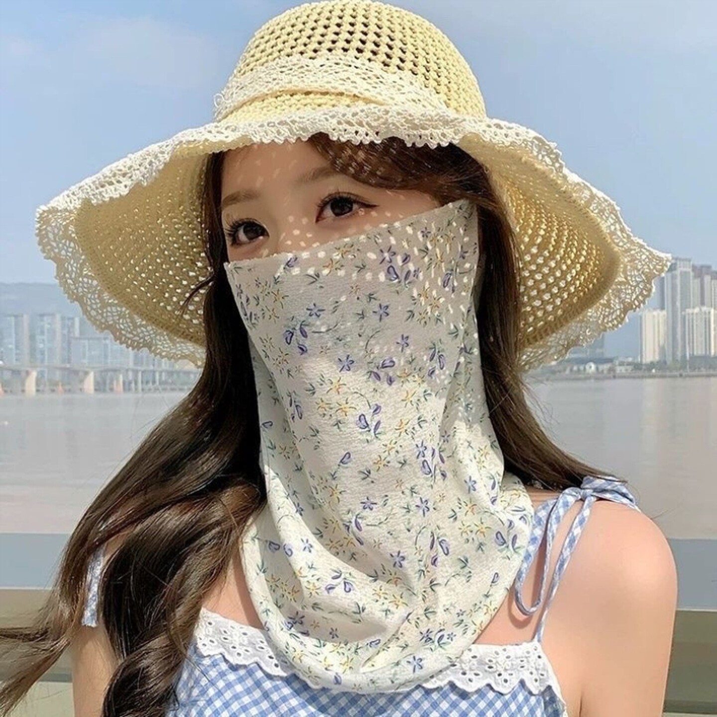 甜美碎花防晒面罩女春夏骑行防紫外线遮阳面纱护颈脸基尼防尘口罩