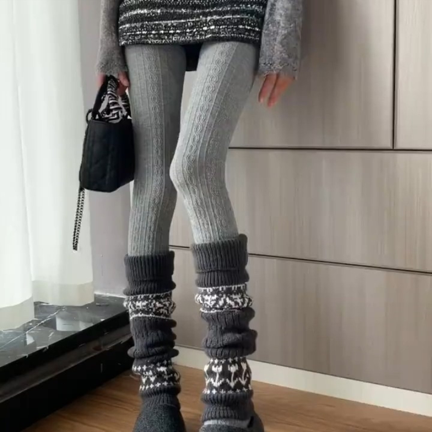复古费尔岛堆堆袜套秋冬保暖配雪地靴打底裤羊绒加厚灰色小腿套女