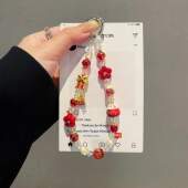 中国风合金醒狮手机链陶瓷招财猫手机挂绳挂饰水晶串珠手腕绳手提