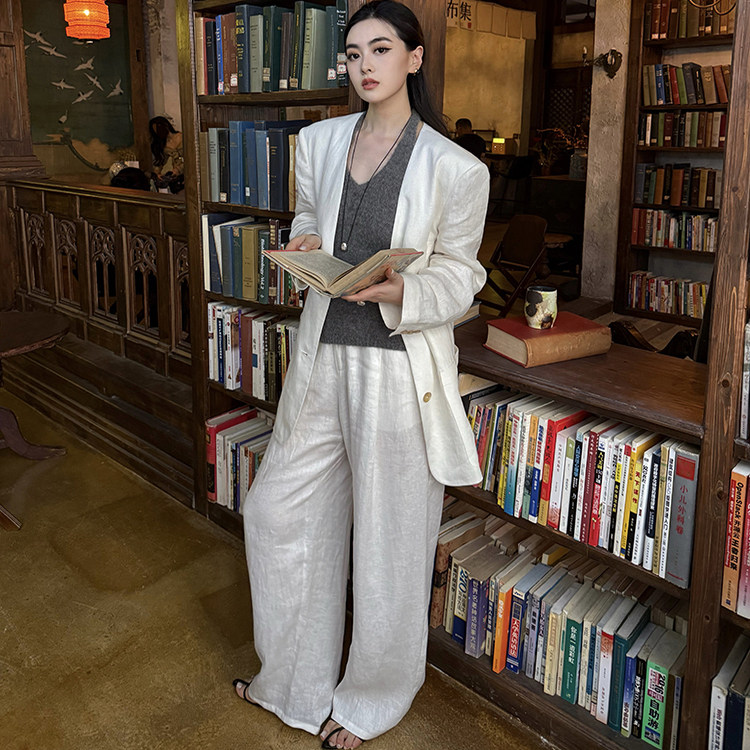 ZhangSutong白色100%亚麻西装女2026年春季新款高级西服外套上衣