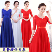 新款 女士合唱服蕾丝雪纺长裙团体舞台合唱服女生红白色合唱演出服