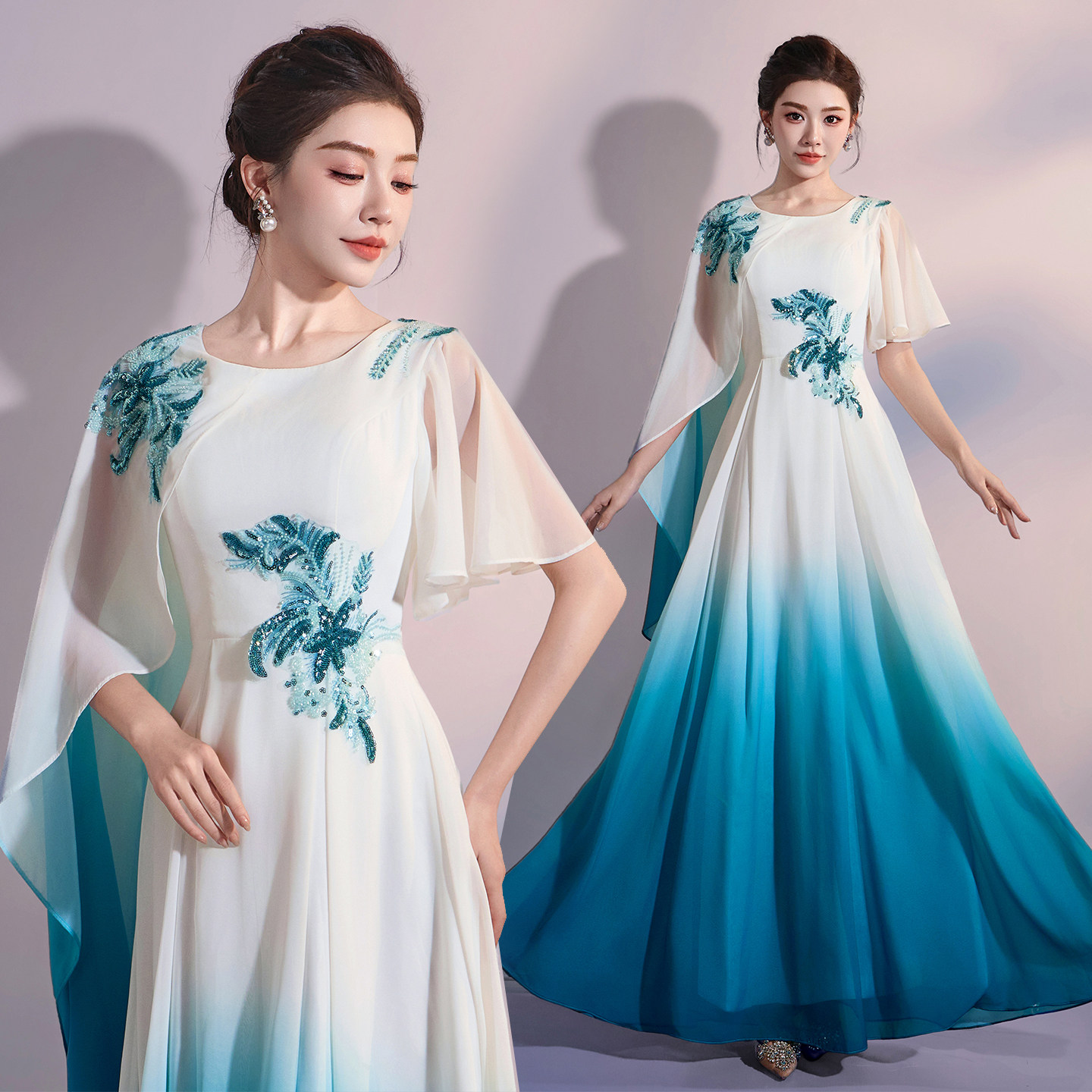 新款合唱服长裙大合唱团演出服渐变色红歌比赛舞台合唱演出服礼服