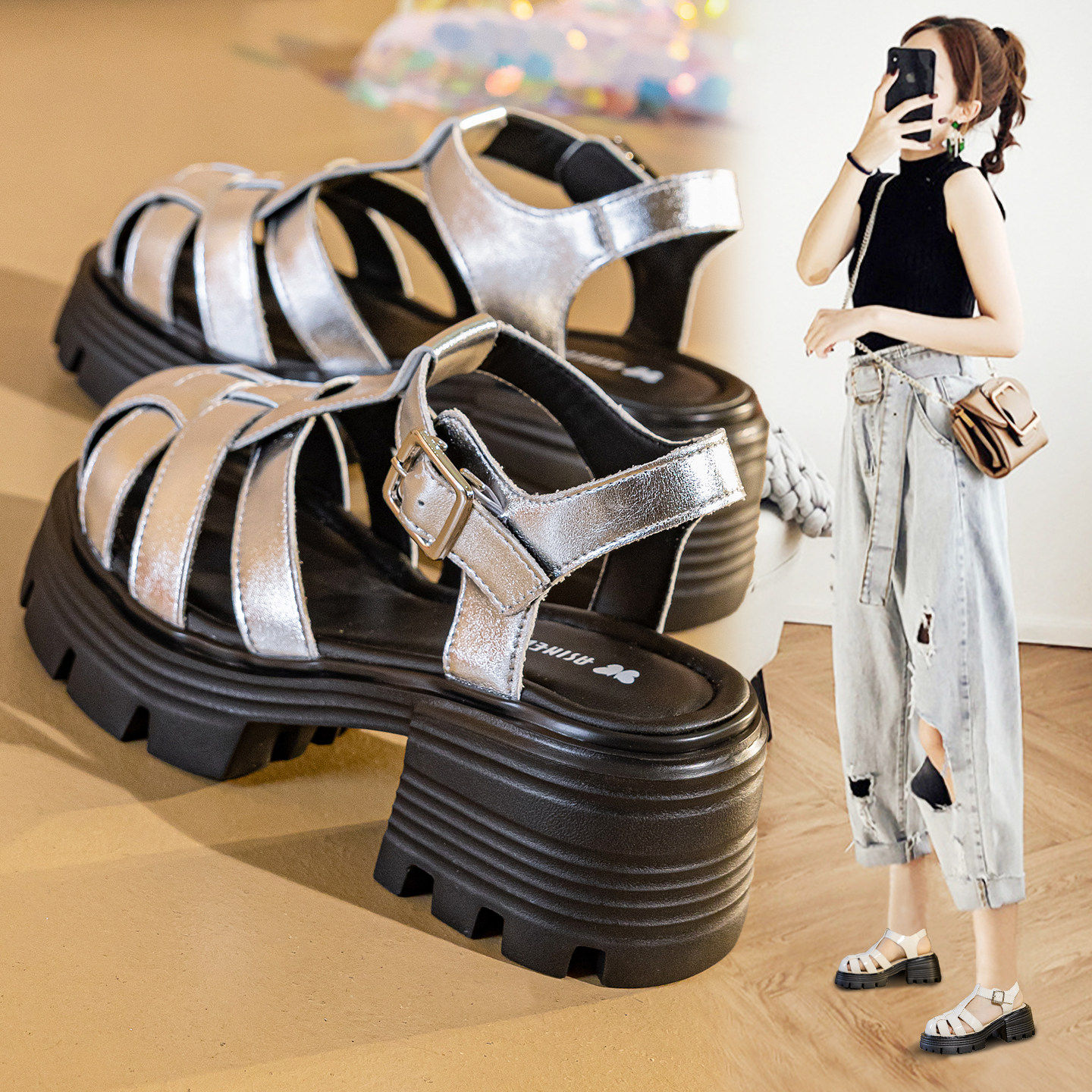 包头凉鞋女夏外穿2026新款巨好看不累脚厚底高跟猪笼罗马粗跟凉鞋