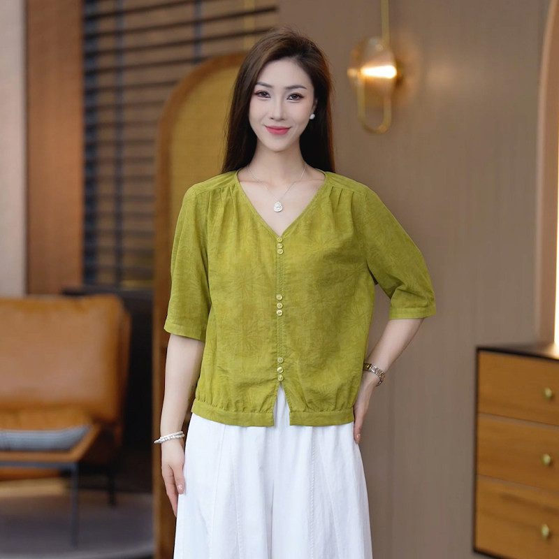 文艺风纯棉V领衬衫女夏百搭小衫