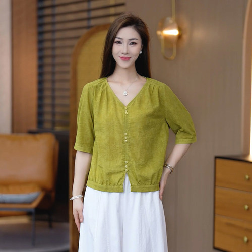 文艺风纯棉V领衬衫女夏百搭小衫