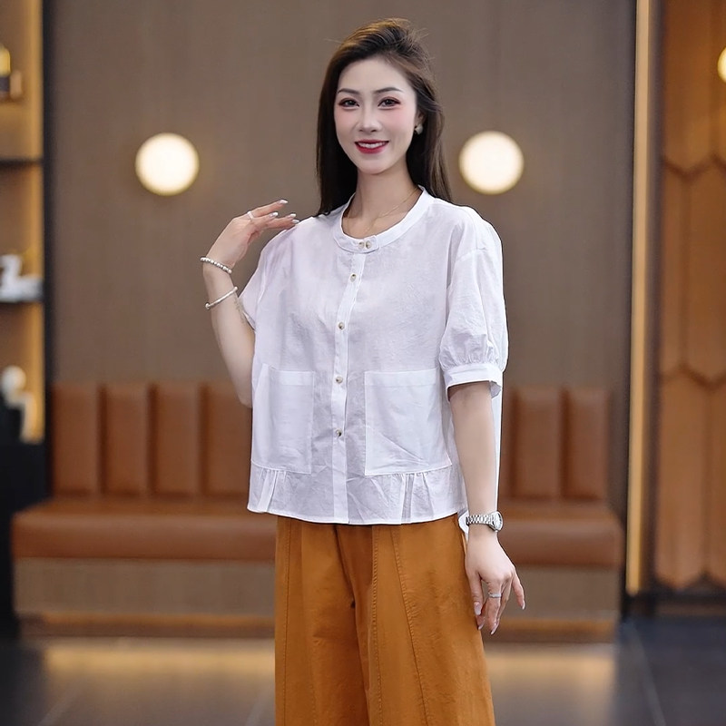 棉麻褶皱白色短袖衬衫女妈妈上衣