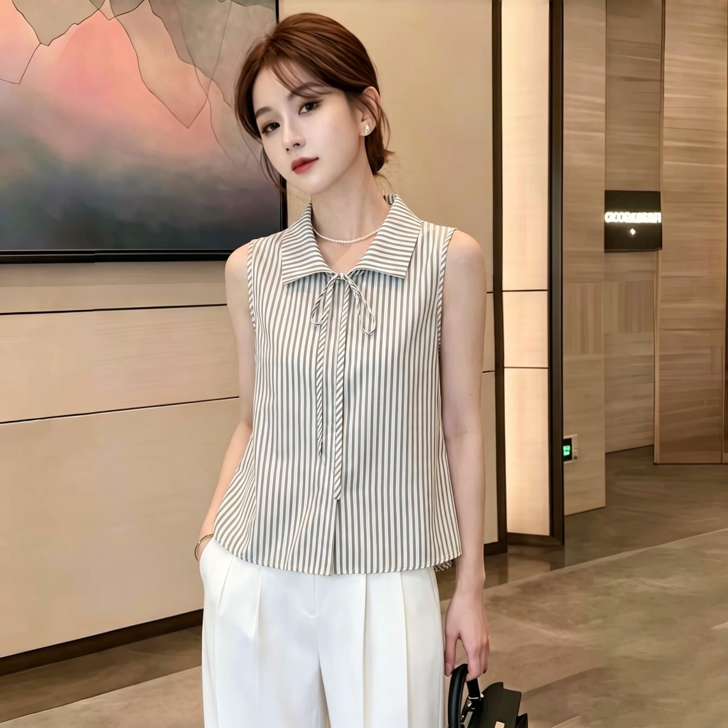时尚高级感条纹无袖衬衫女夏爆款翻领正肩小衫巨好看休闲减龄上衣