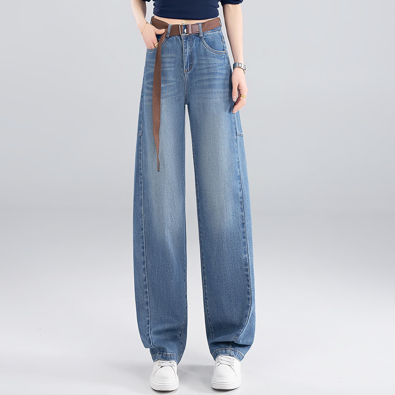 胖mm弯刀牛仔裤女春款高腰大码宽松气球裤遮跨显瘦天丝阔腿休闲裤