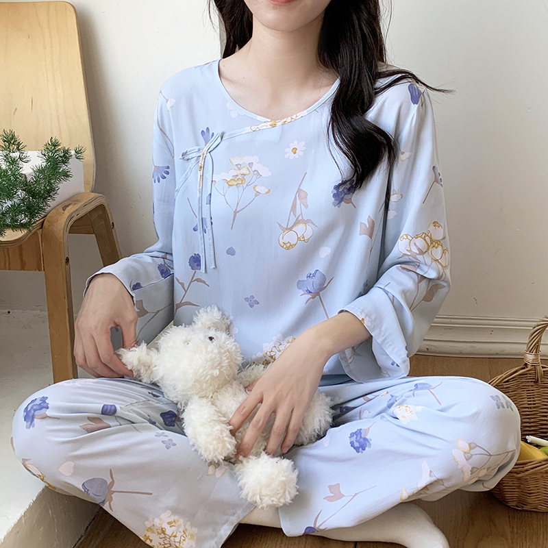 春秋季长袖薄款棉绸女士睡衣宽松甜美印花人棉可外穿女款家居服夏