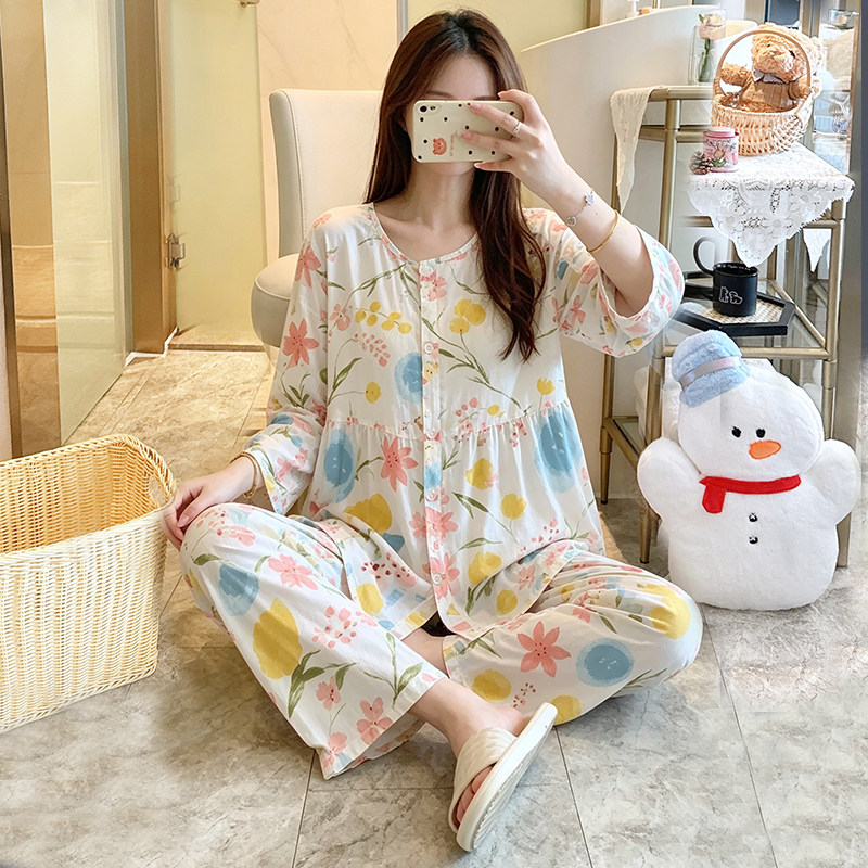 长袖棉绸柔软睡衣女士套装宽松