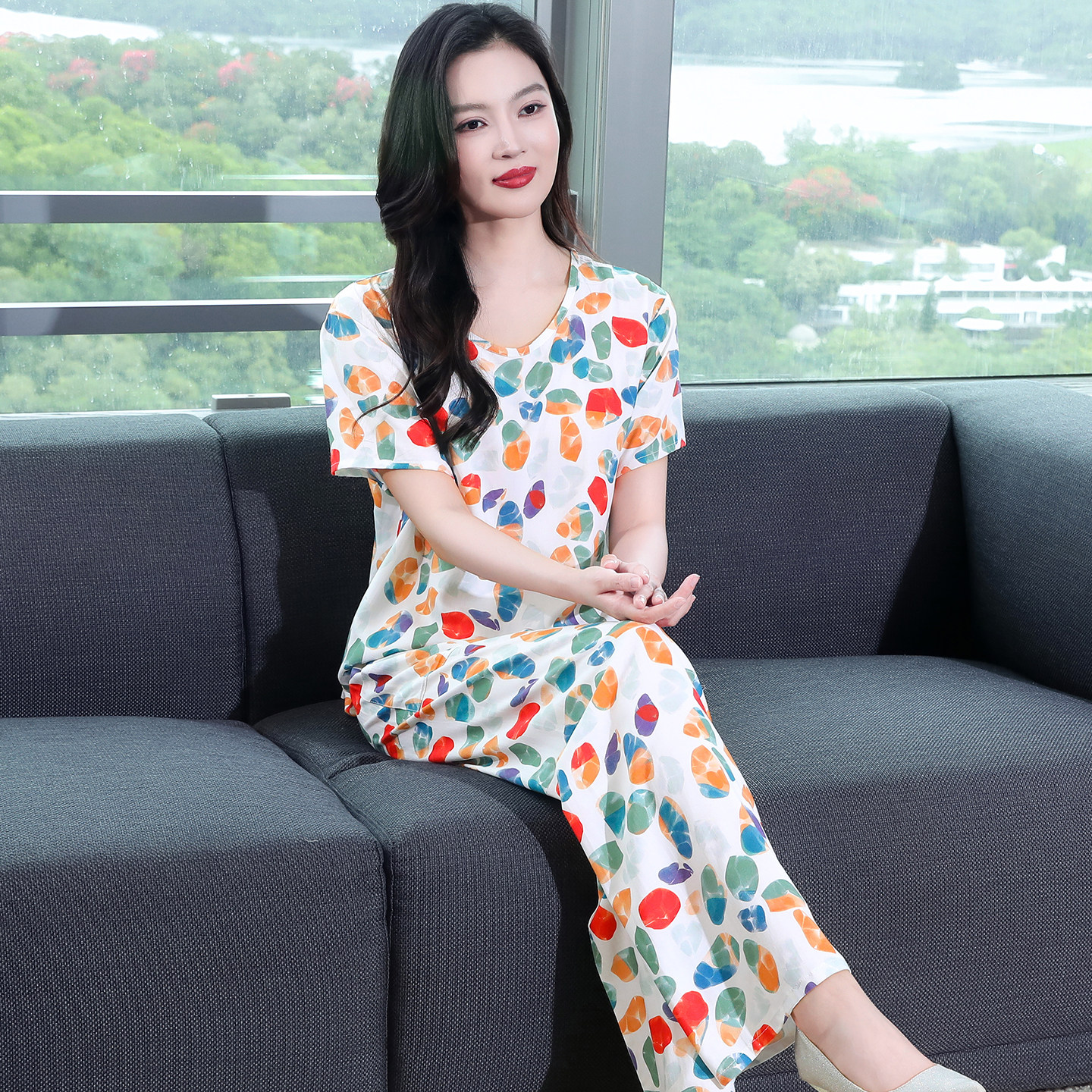 春夏棉绸女士短袖睡衣两件套