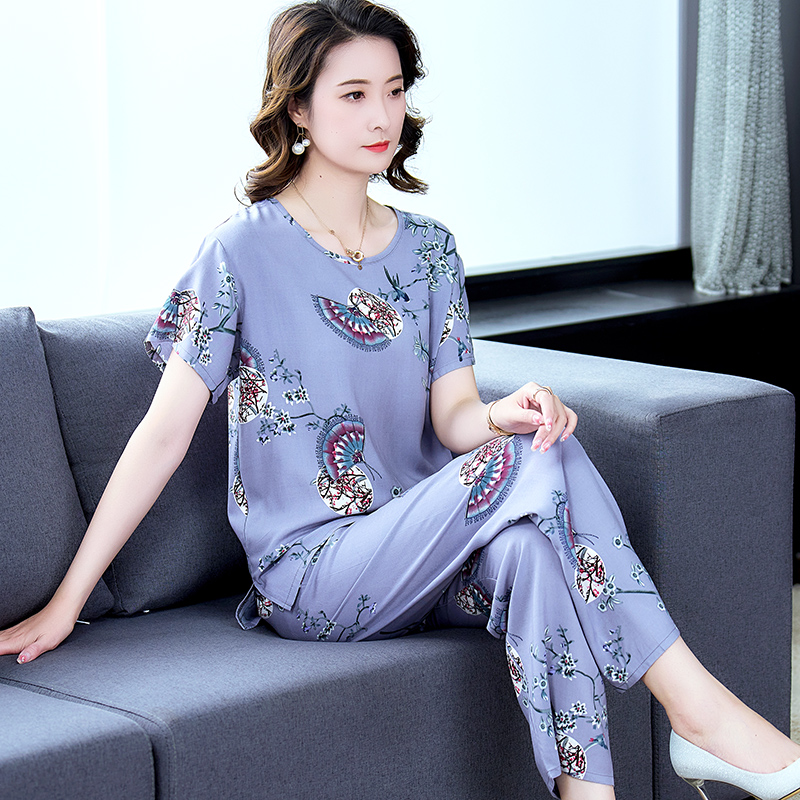 女士薄款短袖棉绸夏款睡衣套装大码宽松简约夏季绵绸可外穿家居服
