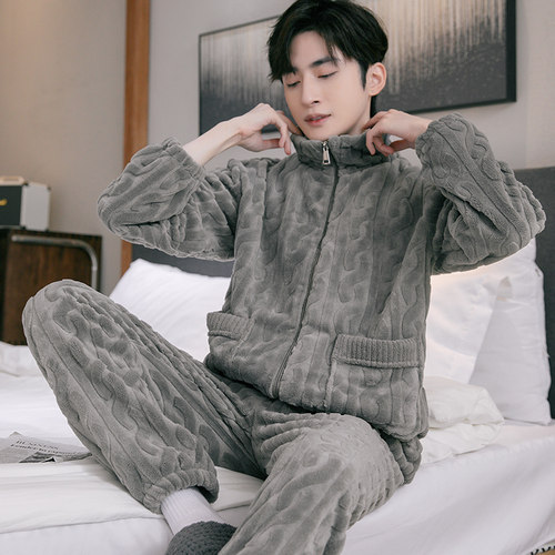 秋冬季男款法兰绒可外穿睡衣套装
