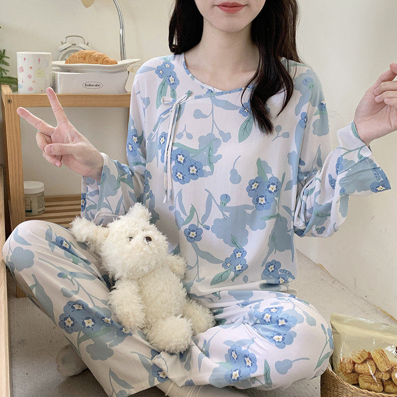 中年妈妈女士睡衣春夏季长袖薄款棉绸套装宽松清新夏款绵绸家居服