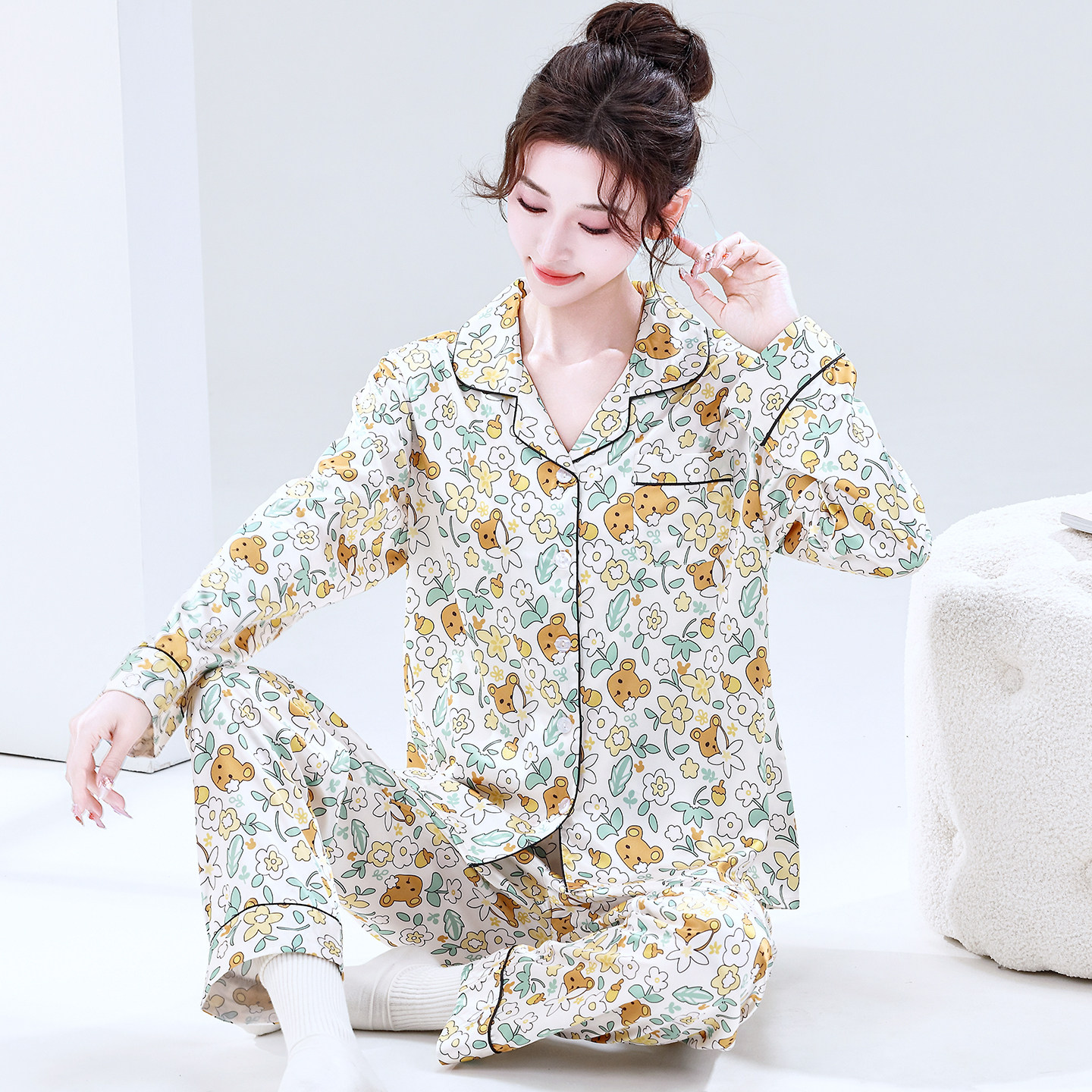 家居服女款2026新款春夏季长袖薄款丝绸女士卡通甜美冰丝睡衣套装