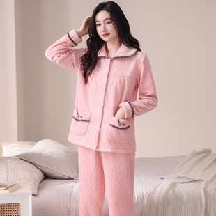 加厚法兰绒女士睡衣秋冬季长袖保暖珊瑚绒冬款可外穿家居服两件套