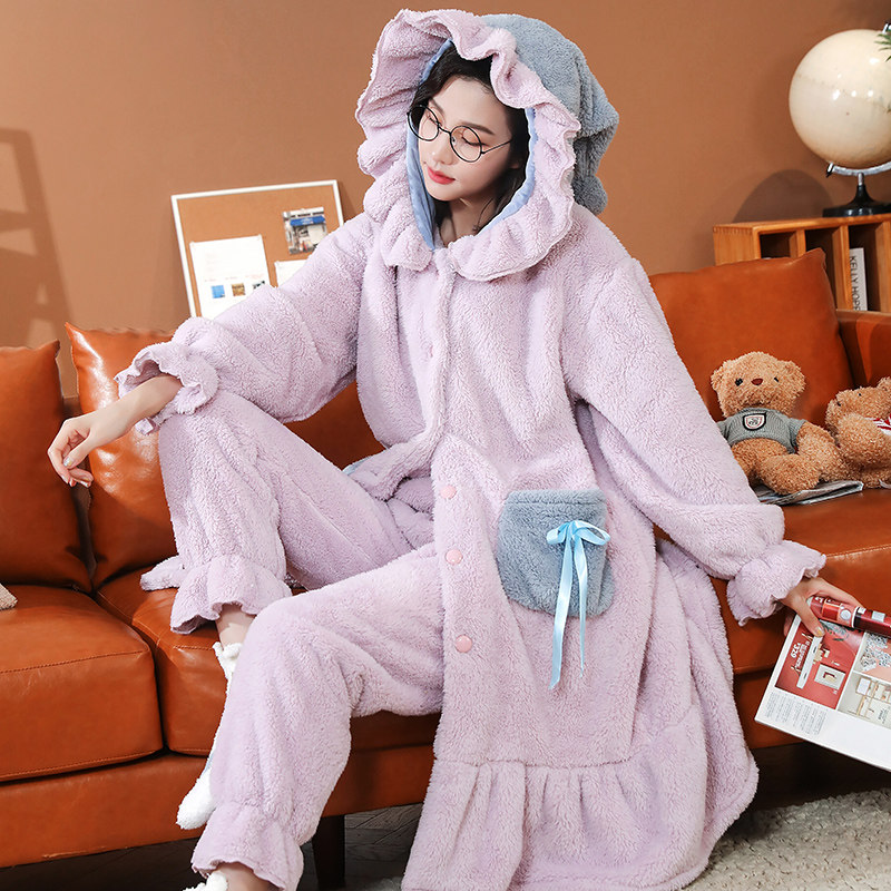 珊瑚绒睡袍女秋冬新品加厚加绒法兰绒女款睡衣连帽可爱睡袍家居服