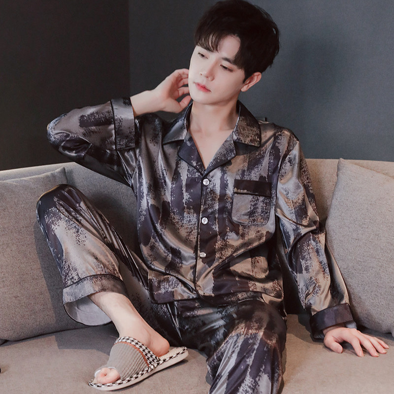长袖薄款春夏季冰丝男士睡衣大码宽松时尚男款丝绸夏天家居服套装