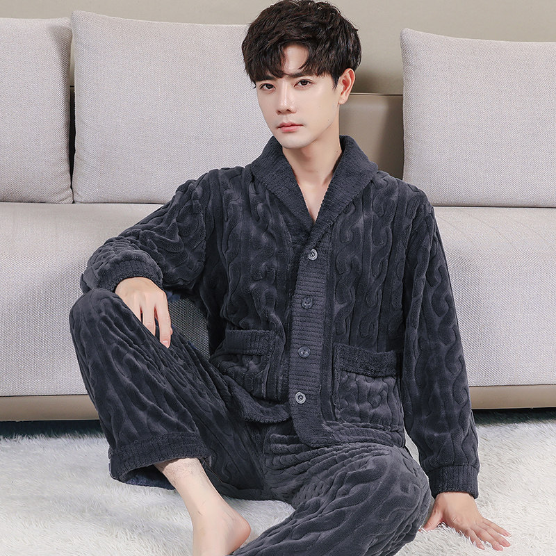 睡衣男冬季珊瑚绒加厚加绒男款秋冬法兰绒男士冬款长袖家居服套装