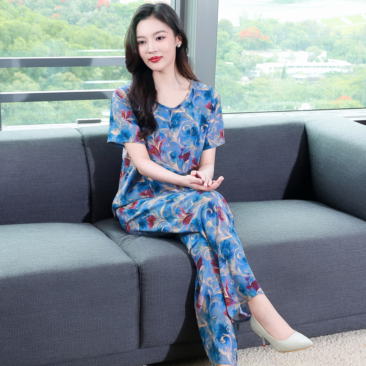 中老年妈妈装夏季套头棉绸睡衣套装女士加大码可外穿人造棉居家服
