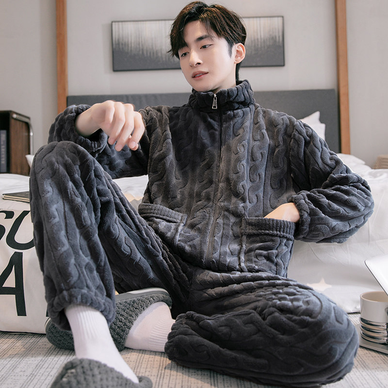 男士睡衣秋冬季加厚加绒保暖珊瑚绒套装大码中年春秋法兰绒家居服